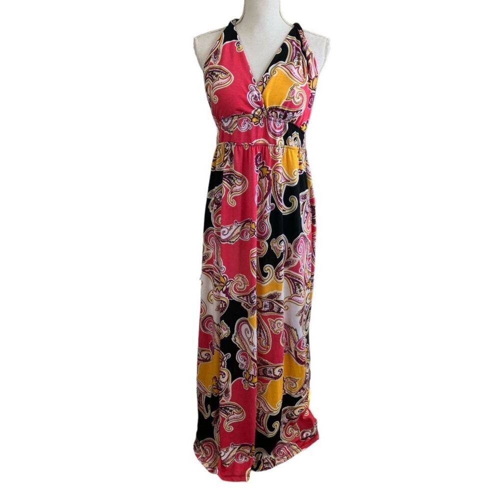 Allison Brittney Paisley Pink Black Yellow Maxi Dress Medium